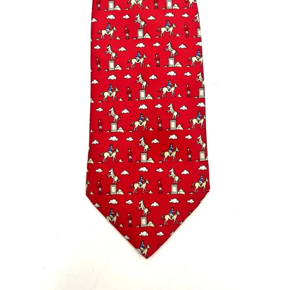 Hermes Silk Tie Equestrian Riders Print Red